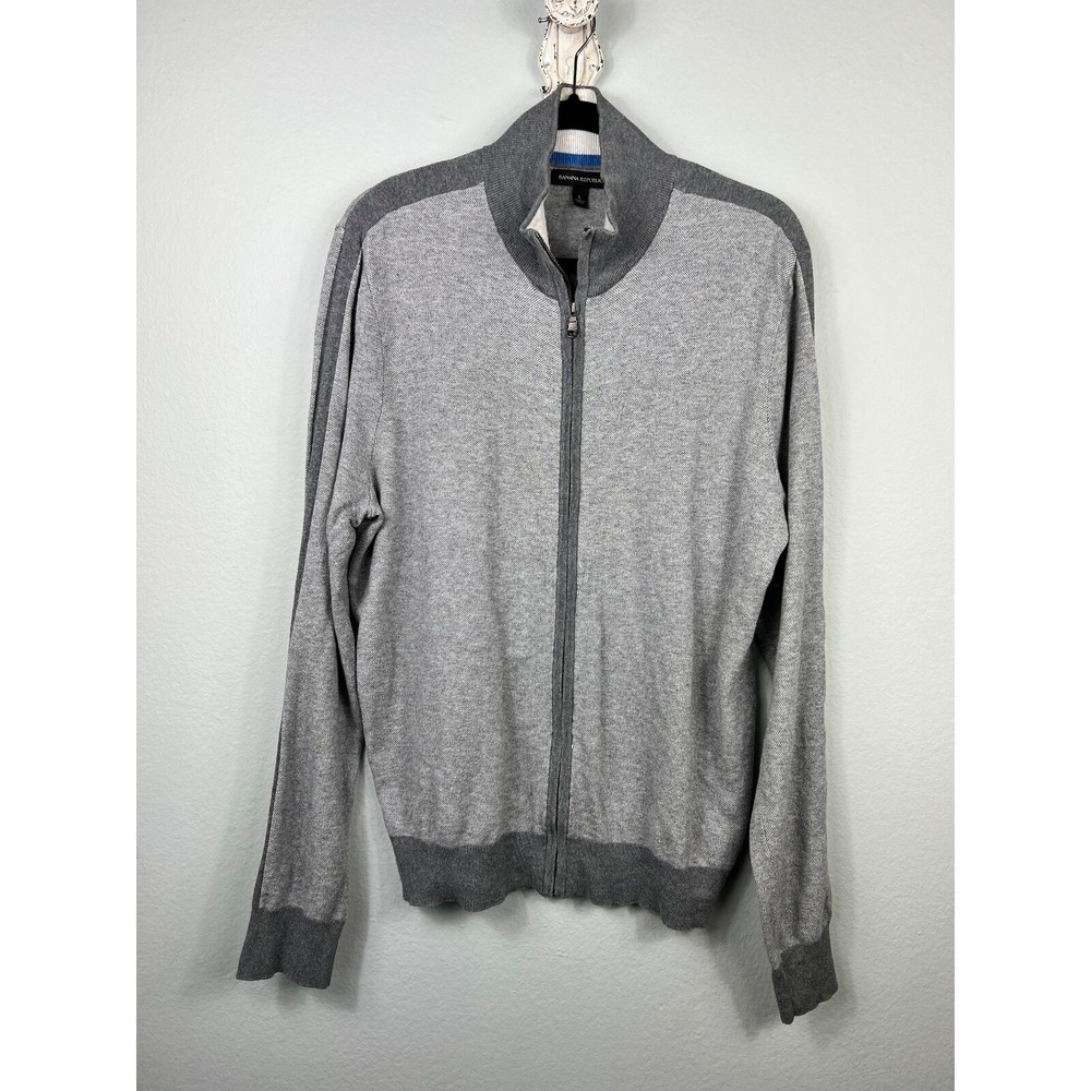 Banana Republic Cardigan Mens L Grey Full Zip Mock Neck 100% Cotton Sweater